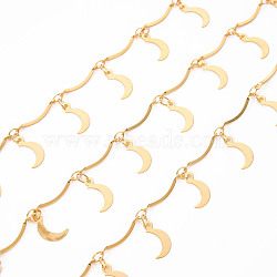 Handmade Brass Scalloped Bar Chains, Soldered, with Spool, Moon, Real 18K Gold Plated, 15.5x1.5x2.5mm and 3.8x2.5x0.3mm, about 16.4 Feet(5m)/roll(CHC-S012-098)