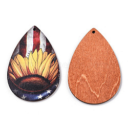 Single Face Sunflower Printed Wood Big Pendants, Teardrop Charm, Colorful, Flag Pattern, 60x40x3mm, Hole: 2mm(WOOD-TAC0021-01G)