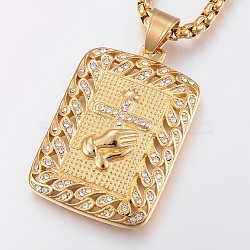 304 Stainless Steel Pendant Necklaces, with Rhinestone, Rectangle with Hand & Cross, Golden, 24.4 inch(62cm)(NJEW-G308-04G)