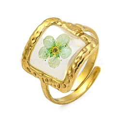 Brass Adjustable Rings for Women, Cadmium Free & Lead Free, with Epoxy Resin & Dried Flower inside, Real 18K Gold Plated, Square, 15mm, Inner Diameter: 17mm(RJEW-G265-10G-B01)