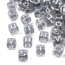 Transparent Plating Acrylic Beads, Horizontal Hole, Metal Enlaced, Alphabet Style, Cube with Random Letter A`Z, Silver, 6x6x6mm, Hole: 3.5mm, about 2900~3000pcs/500g(TACR-N010-003B)