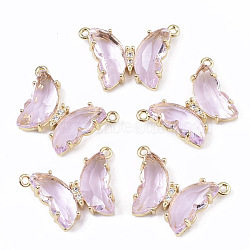 Glass Pendants, with  Micro Pave Cubic Zirconia and Brass Open Back Settings, Faceted, Butterfly, Golden, Pearl Pink, 16.5x23.5x5.5mm, Hole: 1.2mm(GLAA-T020-01E)