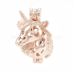 Alloy Bead Cage Pendants, Hollow, Unicorn, Rose Gold, 27.5x19x11mm, Hole: 4.5x3mm, Inner Measure: 16.5x9mm(PALLOY-S062-49RG)