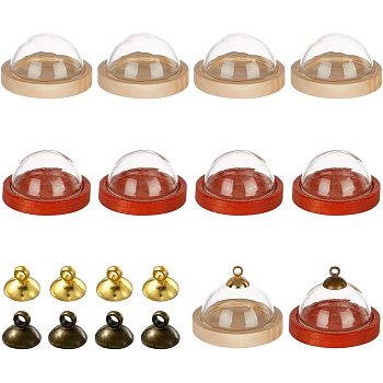 Nbeads 10 Sets 2 Colors Clear Glass Dome Cloches, Half Round Bell Jars, Decorative Hanging Glass Cover, with 10Pcs 2 Colors Natural Wood Cabochon Settings, Mixed Color, Cover: 25x13mm, Inner Diameter: 22mm