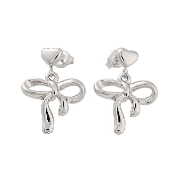 304 Stainless Steel Dangle Stud Earrings, Bowknot with Heart, Stainless Steel Color, 26.5x19mm