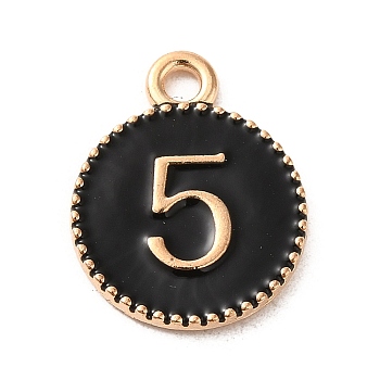 Alloy Enamel Pendants, Light Gold, Flat Round with Number 5 Charm, Black, 19x15x2mm, Hole: 2.2mm