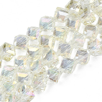 Electroplate Transparent Glass Beads Strands, Faceted, Diagonal Cube Beads, Beige, 8.5x9.5x9.5mm, Hole: 1.5mm, about 80pcs/strand, 25.98 inch(66cm)