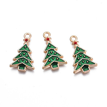 Christmas Alloy Enamel Pendants, Cadmium Free & Lead Free, Light Gold, Christmas Tree, Green, 22.5x13.5x2.5mm, Hole: 1.8mm