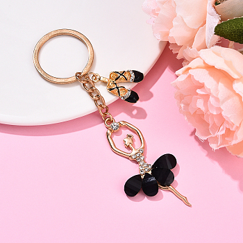 Alloy Crystal Rhinestone & Resin Ballet Dancer Girl Keychain, with Iron Rings, Light Gold, Black, 113mm