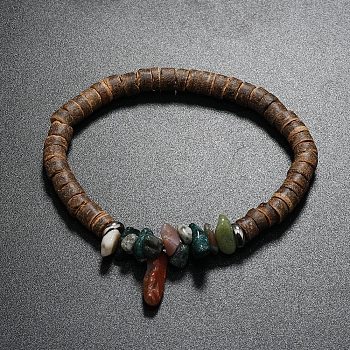 Natural Moss Agate Chips & Coconut Disc Beaded Stretch Bracelets, Inner Diameter: 2-1/8 inch(5.5cm)