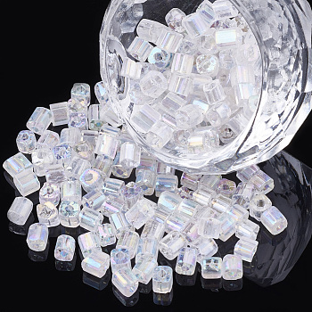 Glass Seed Beads, Transparent Colours Rainbow, Square Hole, Cube, Clear AB, 3~3.5x3~3.5x3~3.5mm, Hole: 2mm, about 450g/bag