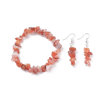 Natural Red Agate Chips Beaded Jewelry Set, Gemstone Stretch Bracelets & Dangle Earrings for Women, Platinum, 35mm, Pin: 0.5mm, Inner Diameter: 2-1/8 inch(55mm)