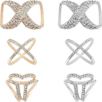 CHGCRAFT 6Pcs 6 Style Crystal Infinity-shaped & X-shape & Three Ring Shape Rhinestone Scarf Buckle Rings, Wire Wrap Alloy Clasps Holder for Clothing Scarf, Platinum & Golden, 21~28x24~41x18~21.5mm, 1pc/style