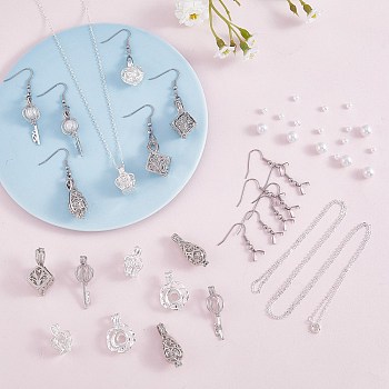 DIY Cage Charm Necklace Earring Making Finding Kit, Including Heart & Crown & Flower Brass & Alloy Pendants, 304 Stainless Steel Earring Hooks, Plastic Pearl Beads, Brass Chain Necklaces, Mixed Color, 28x13x12mm, Hole: 2.5mm