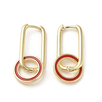 Real 18K Gold Plated Brass Ring Dangle Hoop Earrings, with Enamel, Red, 30x13mm