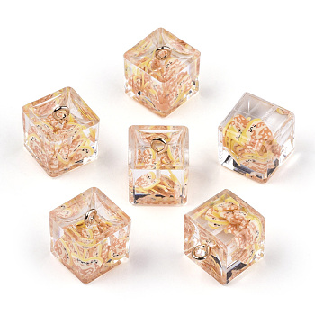 Transparent Epoxy Resin Pendants, with Polymer Clay Inside and Golden Plated Iron Loop, Cube with Food Inside, Light Salmon, 16x14x14mm, Hole: 2mm