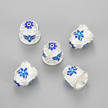 Silver Color Plated Alloy Enamel Bead Cones, Cadmium Free & Lead Free, Apetalous, Flower Pattern, Blue, 16.5x15.5mm, Hole: 1.2mm, Inner: 11mm