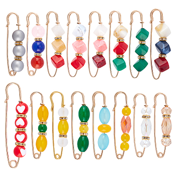 PandaHall Elite&reg 16Pcs 16 Style Resin Imitation Gemstone & Crystal Rhinestone Beaded Safety Pin Brooches, Iron Lapel Pins for Clothes Sweater Shawl Clips, Mixed Color, 57.5~78x15.5~20x9.5~12.5mm, 1Pc/style