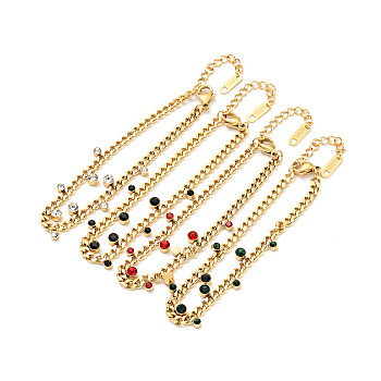 Rhinestone Charms Bracelet with Curb Chains, Gold Plated 304 Stainless Steel Jewelry for Women, Mixed Color, 6-7/8 inch(17.5cm)