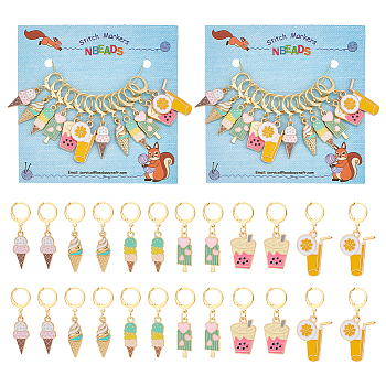 12Pcs 6 Style Alloy Enamel Icecream and Drink Charms Locking Stitch Markers, with Gold Tone 304 Stainless Steel Leverback Earring Findings, Mixed Color, 2.8~4.4cm, 2pcs/style