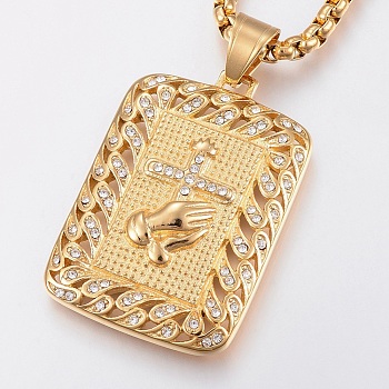 304 Stainless Steel Pendant Necklaces, with Rhinestone, Rectangle with Hand & Cross, Golden, 24.4 inch(62cm)
