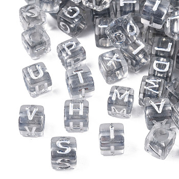 Transparent Plating Acrylic Beads, Horizontal Hole, Metal Enlaced, Alphabet Style, Cube with Random Letter A`Z, Silver, 6x6x6mm, Hole: 3.5mm, about 2900~3000pcs/500g
