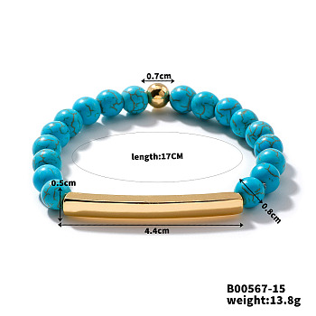 Synthetic Turquoise Stretch Bracelets, Brass Tube Beaded for Women, Elegant and Stylish Daily Accessory, Inner Diameter: 6-3/4 inch(17cm)