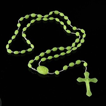 Luminous Plastic Rosary Bead Necklace, Glow in the Dark Cross Pendant Necklace for Women, Lawn Green, 21.65 inch(55cm)