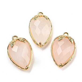 Natural Rose Quartz Faceted Pendants, Rack Plating Brass Strawberry Charms, Golden, 18x11x5~5.5mm, Hole: 1.2mm