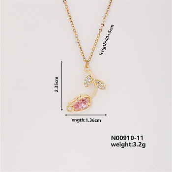 Elegant Vintage Tulip Brass Micro Pave Cubic Zirconia Pendant Necklaces, Cable Chains Necklaces for Women, Pink, 15.75 inch(400mm)