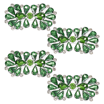4Pcs Flower Alloy & Glass Rhinestone Applques, Hotfix Rhinestone, Platinum, Green, 65x38x5.5mm