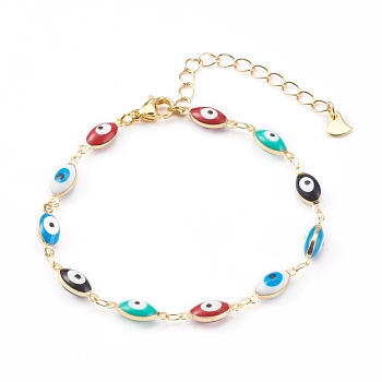 Brass Enamel Evil Eye Link Bracelets, with 304 Stainless Steel Lobster Claw Clasps, Golden, Colorful, 6-7/8 inch(17.5cm)