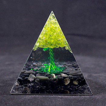 Orgonite Pyramid Resin Energy Generators, Reiki Tree of Life Natural Peridot and Obsidian Chips Inside for Home Office Desk Decoration, 50mm