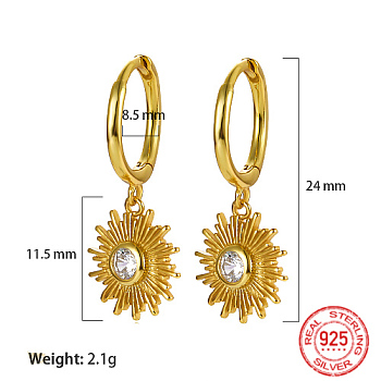 925 Sterling Silver Micro Pave Cubic Zirconia Dangle Hoop Earrings, Sun, Real 18K Gold Plated, 24mm