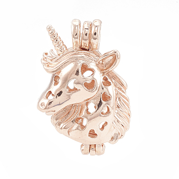 Alloy Bead Cage Pendants, Hollow, Unicorn, Rose Gold, 27.5x19x11mm, Hole: 4.5x3mm, Inner Measure: 16.5x9mm