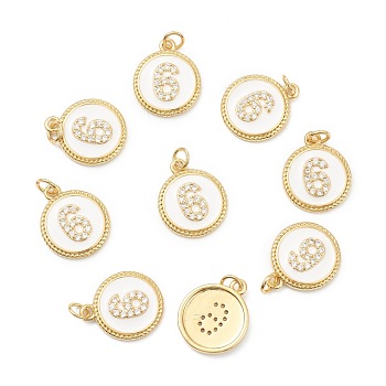Brass Micro Pave Clear Cubic Zirconia Charms, Long-Lasting Plated, with Jump Rings and White Enamel, Flat Round with Number, Real 18K Gold Plated, Num.6, 14.5x12x2mm, Hole: 1.5mm