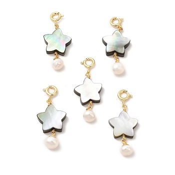 Natural Paua Shell Star Brass Spring Ring Clasps Charms, with Natural Pearl Round Beads, Real 14K Gold Plated, 33x13x6mm