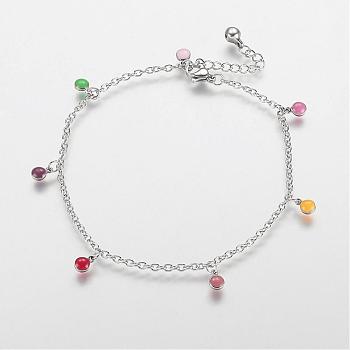 304 Stainless Steel Charm Anklets, with Enamel Charms, Flat Round, Platinum, Colorful, 10-5/8 inch(270mm), 2mm