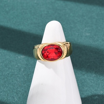 304 Stainless Steel Finger Rings, Oval, with Glass, Ion Plating(IP), Golden, Red, Size 7, 3.5~9.5mm, US Size 7 1/4(17.5mm)