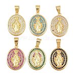 Brass Micro Pave Cubic Zirconia Pendants, Oval with Virgin Mary Charms, Cadmium Free & Lead Free, Rack Plating, Long-Lasting Plated, Real 18K Gold Plated, Mixed Color, 21.5x16x4mm, Hole: 4x6mm(CU-CBAAB9C-04G)