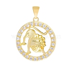 Brass Micro Pave Cubic Zirconia Pendants, Flat Round with Constellation Charm, Real 18K Gold Plated, Leo, 16mm(PW-WG33873-05)