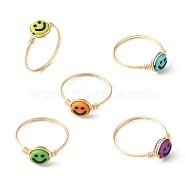 Smiling Face Acrylic Finger Ring, Copper Wire Wrapped Jewelry for Women, Mixed Color, US Size 8 1/2(18.5mm)(RJEW-TA00068)