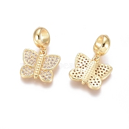 Brass Micro Pave Cubic Zirconia European Dangle Charms, Large Hole Pendants, Butterfly, Clear, Golden, 21mm, Butterfly: 12.5x13.5x2mm, Hole: 5mm(ZIRC-E163-16G)