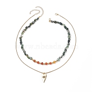 Necklaces Sets for Women, include Natural Moss Agate & Carnelian Beads Necklaces, Evil Eye Cubic Zirconia Pendant Necklaces, with 304 Stainless Steel Venetian Chains/Box Chains, 15.55~18.5 inch(39.5~47cm), 2pcs/set(NJEW-JN04127)