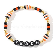 Adjustable Halloween Punk Style TEACH Polymer Clay & Brass Stretch Beaded Bracelets in Black, White and Orange, Colorful, 6-7/8 inch(17.5cm)(XD4553-1)