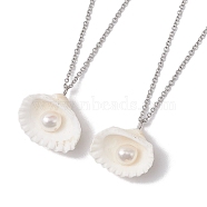 Natural Clam Shell & Imitation Pearl Pendant Necklaces, 304 Stainless Steel Cable Chain Necklaces, Stainless Steel Color, 16.14 inch(41cm)(NJEW-JN05006)