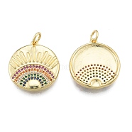 Brass Micro Pave Colorful Cubic Zirconia Pendants, with Jump Rings, Flat Round, Real 18K Gold Plated, 21x19x3mm, Hole: 3mm(KK-G431-13G)