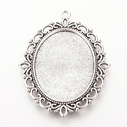 Tibetan Style Alloy Big Pendant Cabochon Settings, Double-sided Tray, Cadmium Free & Lead Free, Oval, Antique Silver, Tray: 30x40mm, 61x47x3mm, Hole: 2.5mm(X-TIBEP-Q080-01AS-LF)