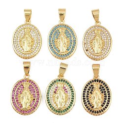Brass Micro Pave Cubic Zirconia Pendants, Oval with Virgin Mary Charms, Cadmium Free & Lead Free, Rack Plating, Long-Lasting Plated, Real 18K Gold Plated, Mixed Color, 21.5x16x4mm, Hole: 4x6mm(CU-CBAAB9C-04G)