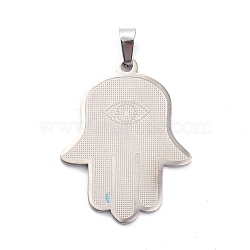 304 Stainless Steel Pendants, Hamsa Hand/Hand of Miriam Charm, Stainless Steel Color, 37.5x29x1mm, Hole: 7x3.5mm(STAS-C062-03P)